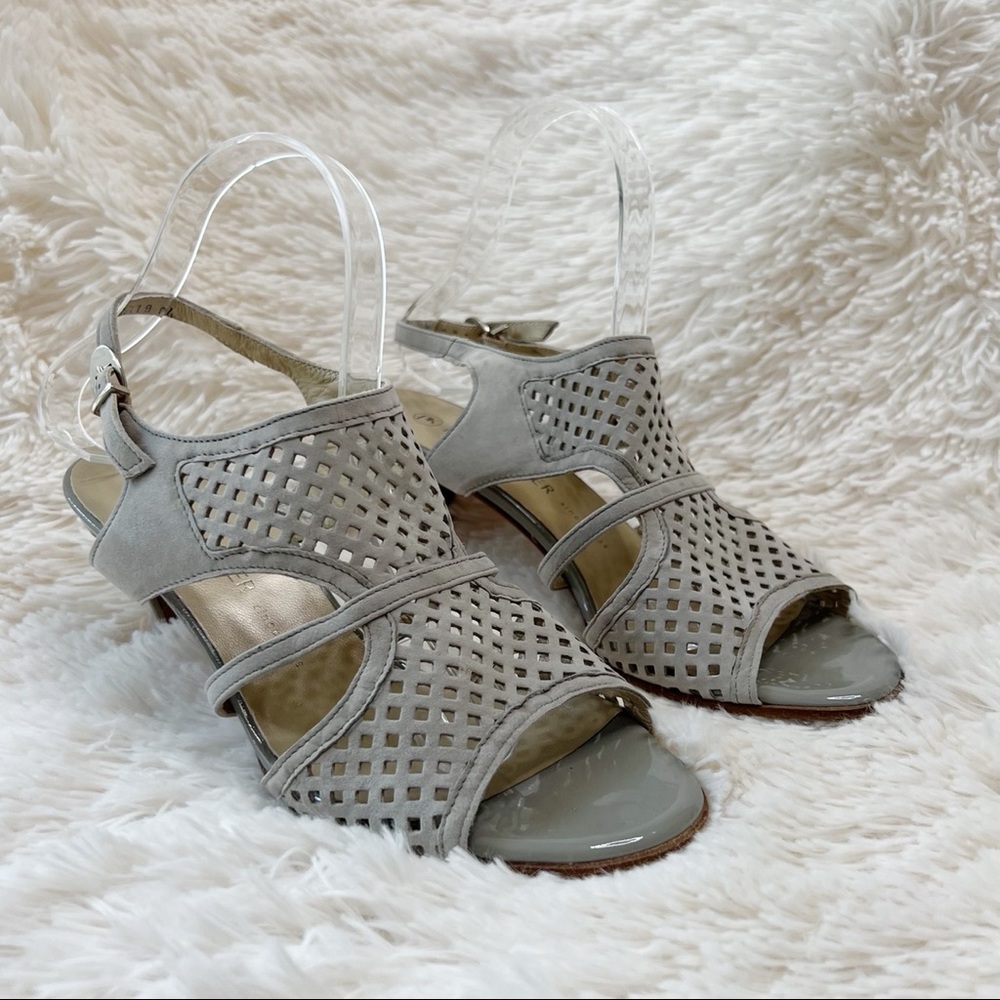 Peter Kaiser grey sandals perforated leather open toe sling back heels S…